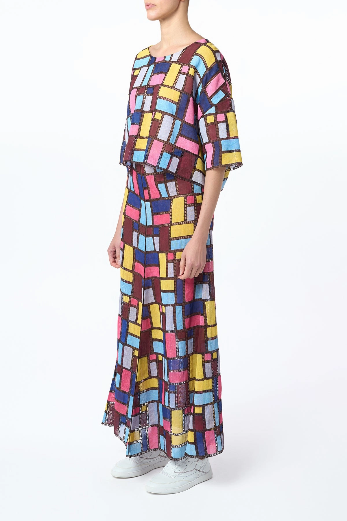 Selma Patchwork Embroidered Maxi Skirt in Aurora Multi Linen Fashion Tones Double Stitched