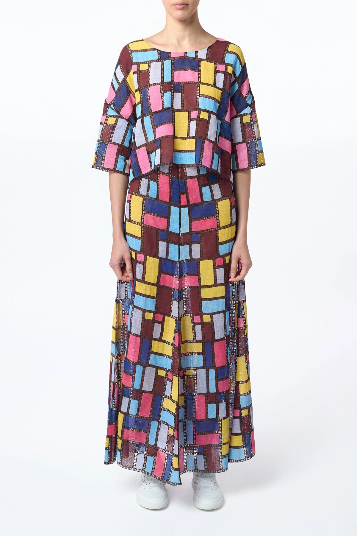 City Ready Selma Patchwork Embroidered Maxi Skirt in Aurora Multi Linen