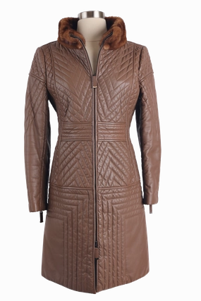 Quilted Leather Coat W/ Mink Collar Matte Finish