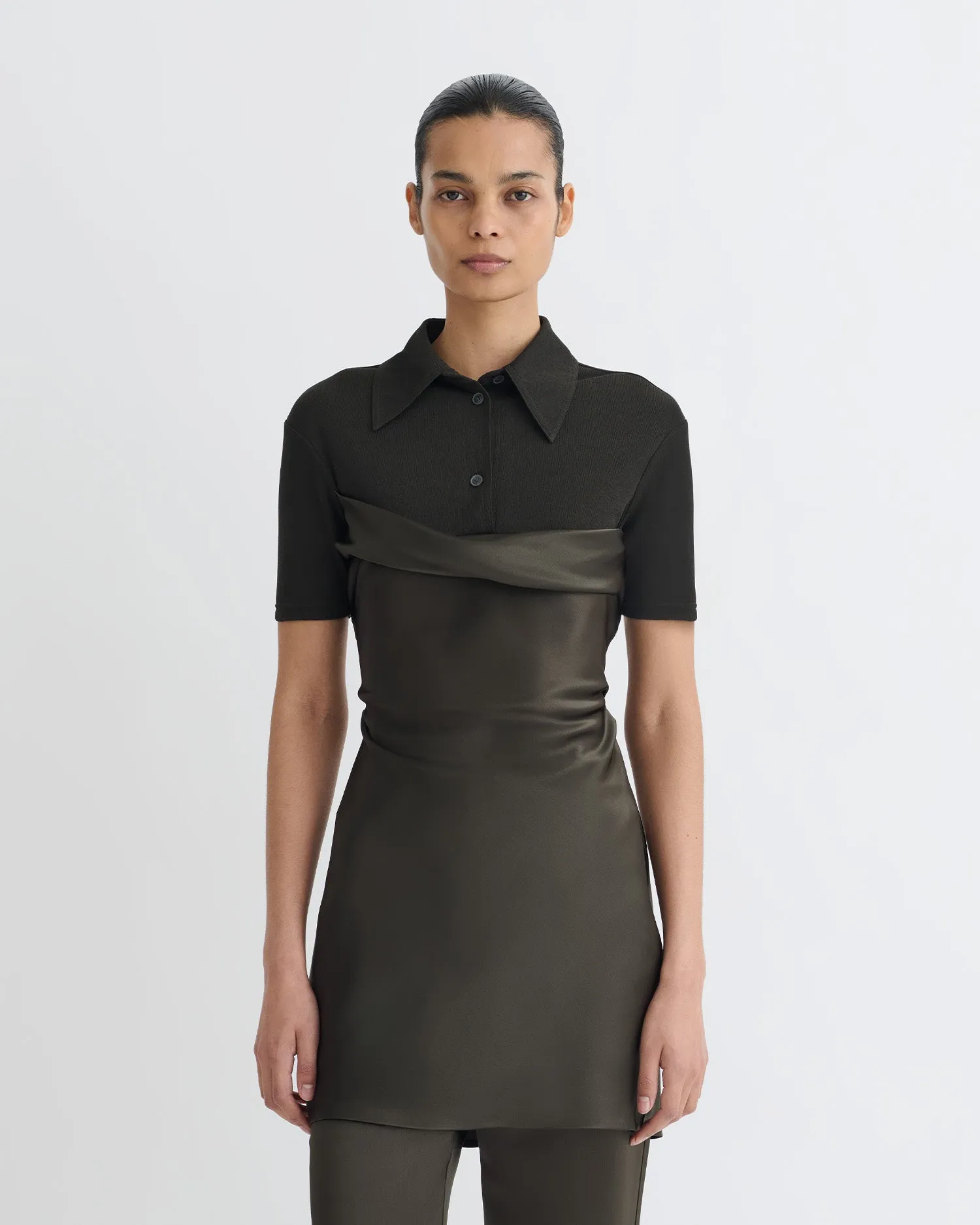 Urban Aesthetic Pop Texture Heceta - Mesh Jersey and Slip Satin Mini Dress - Dark Green/Anthracite
