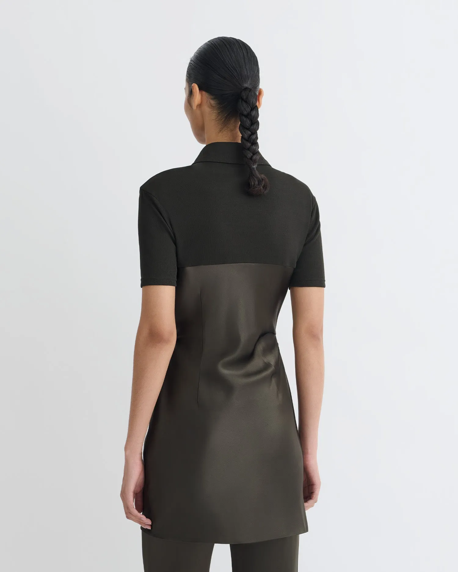 Sleek Flex Jewel Accent Heceta - Mesh Jersey and Slip Satin Mini Dress - Dark Green/Anthracite