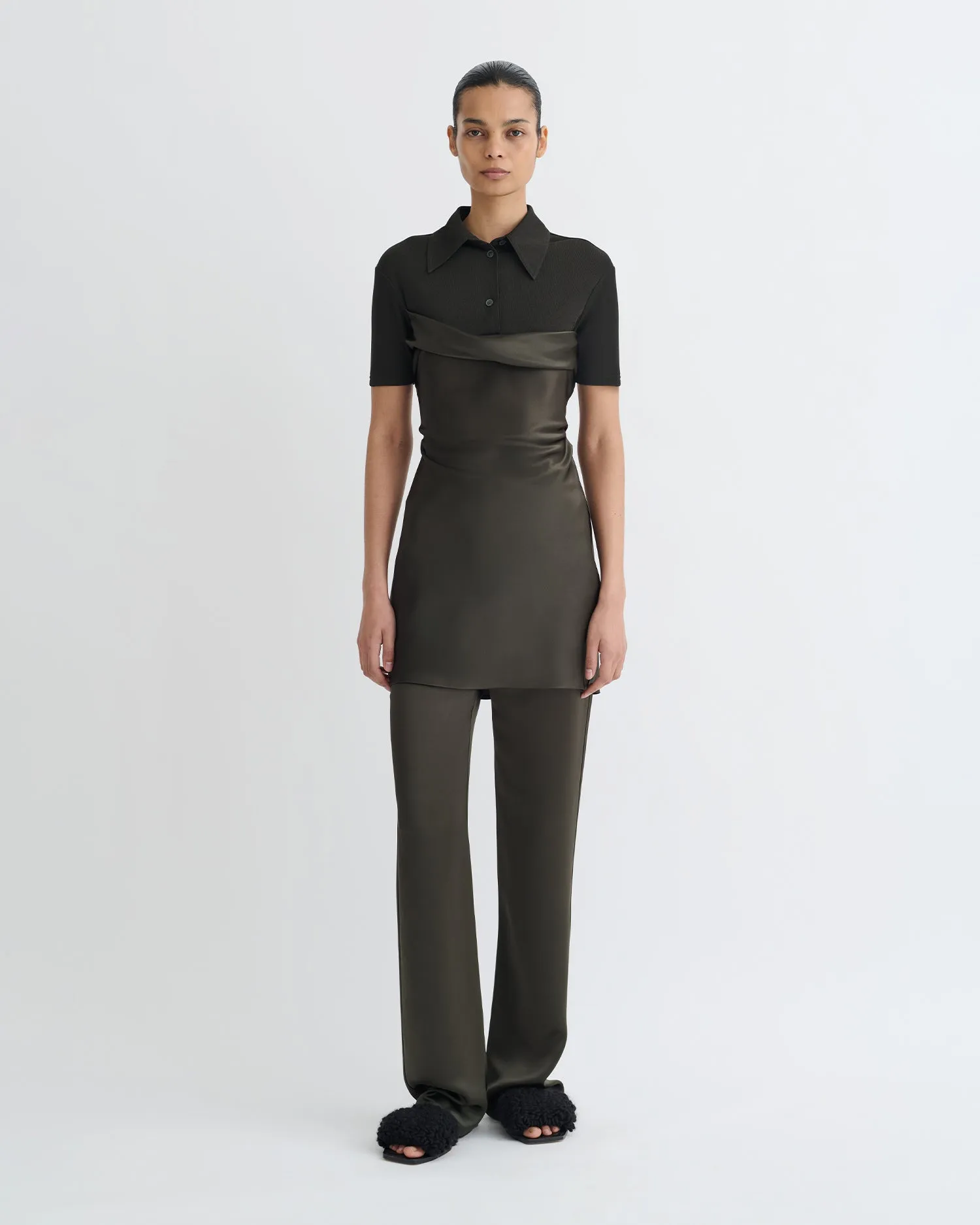 Heceta - Mesh Jersey and Slip Satin Mini Dress - Dark Green/Anthracite Guest Glam Radiant Mood