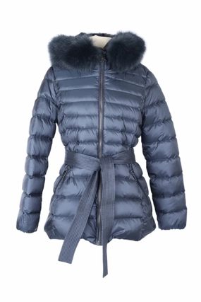 Belted Down Filled Puffer Jacket w/ Fur Hood Casual Work Look
