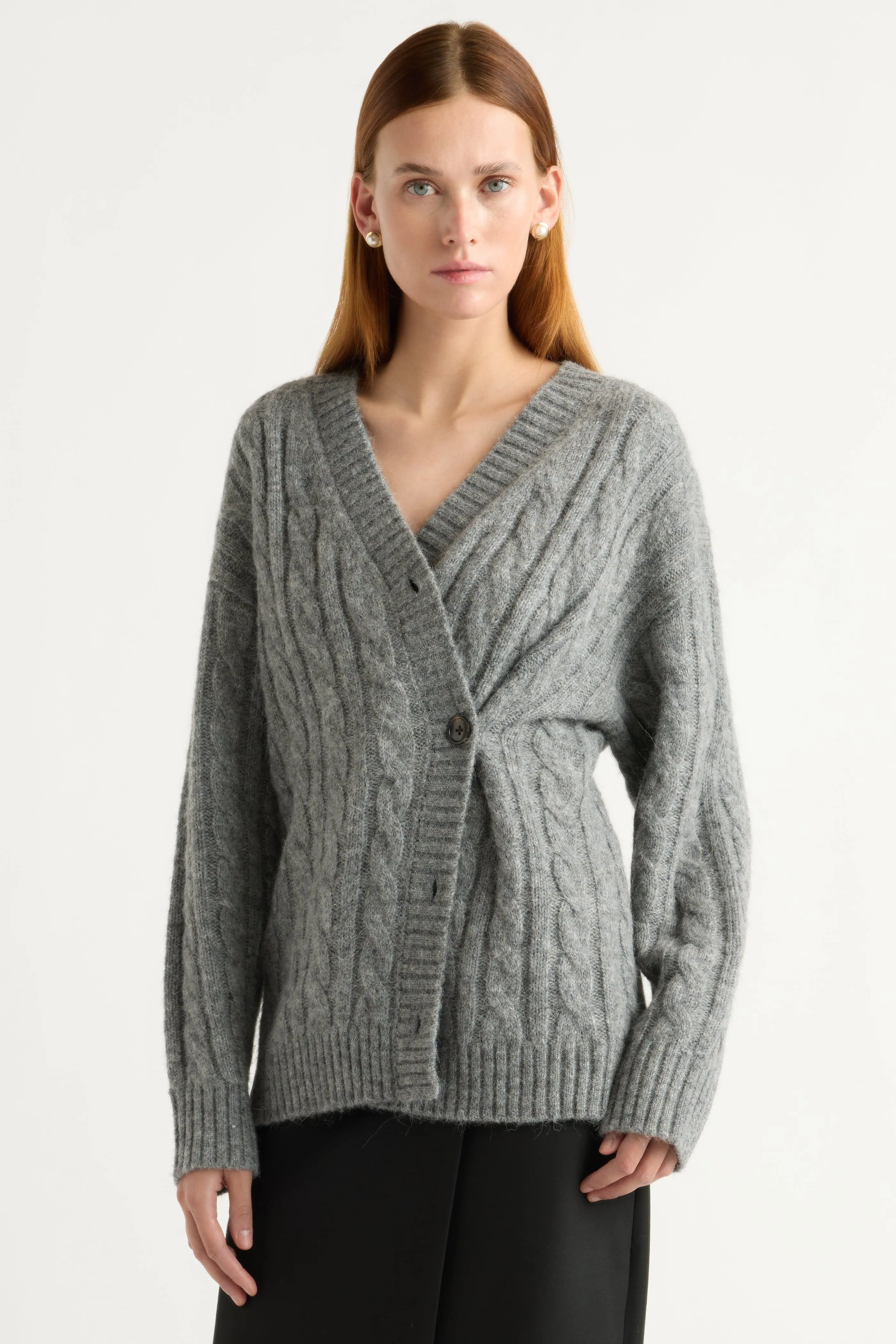 Hikari Asymmetric Cable Knit Cardigan Stretchable Fabric
