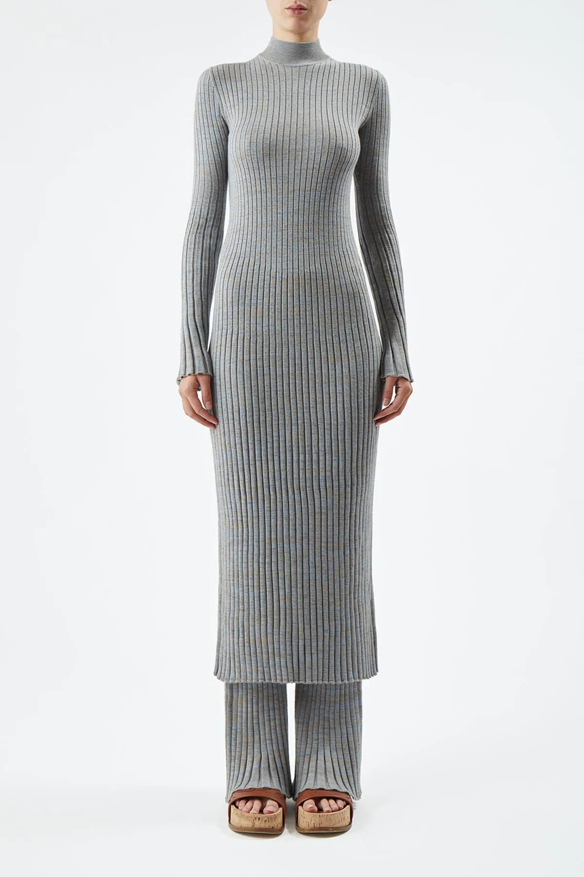 Stain-Resistant Mermaid-Hem Castor Knit Dress in Light Blue Melange Cashmere