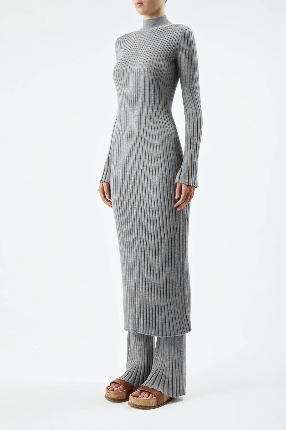 Side Tie Grass Soft Castor Knit Dress in Light Blue Melange Cashmere