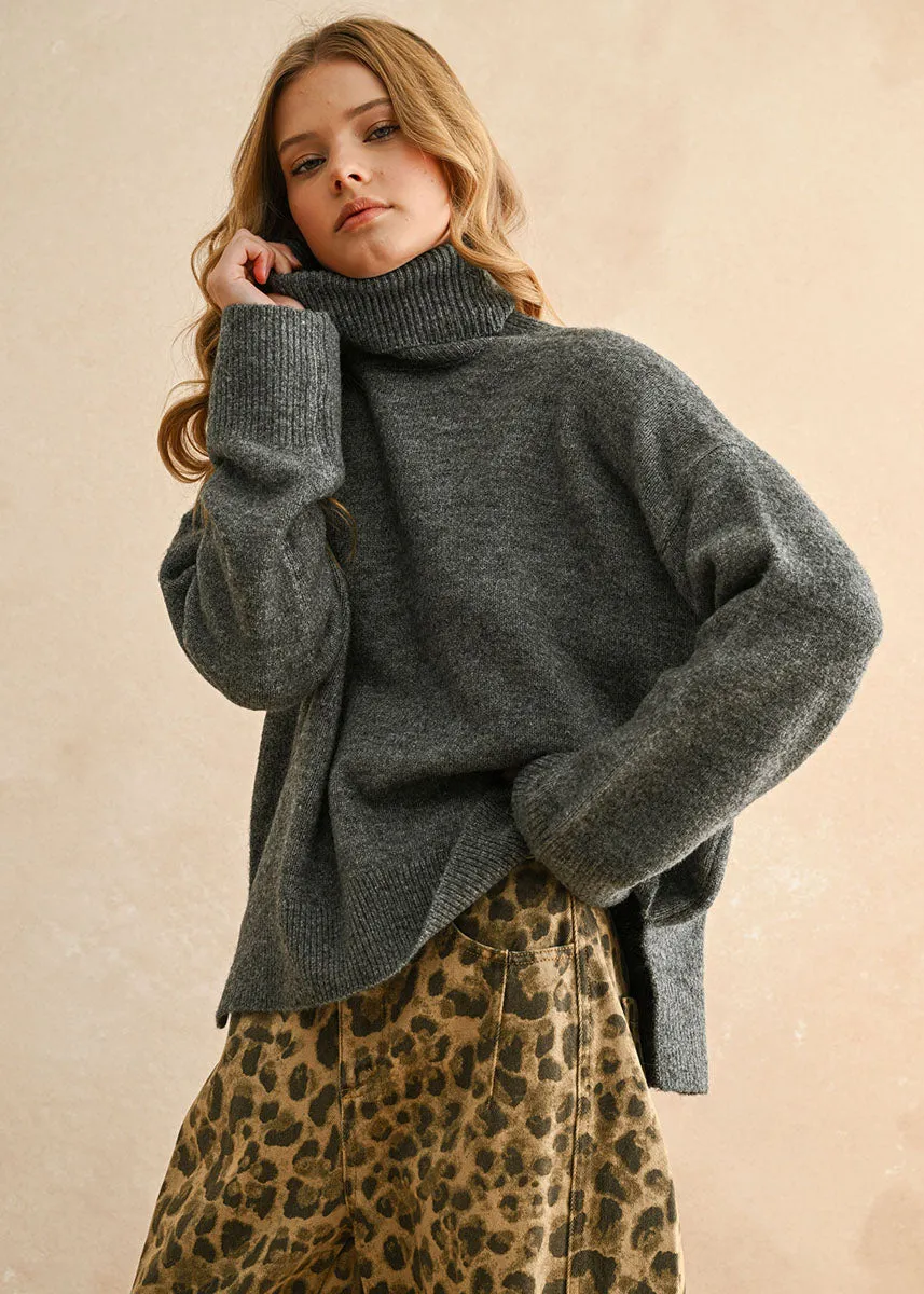 Thermal Locking Yarn Knit Perfection Winona Turtleneck Sweater - Charcoal