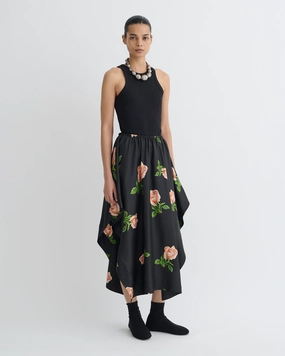 Cozy Finish Ilariah - Printed Silk Twill Midi Skirt - Off Black/Roses
