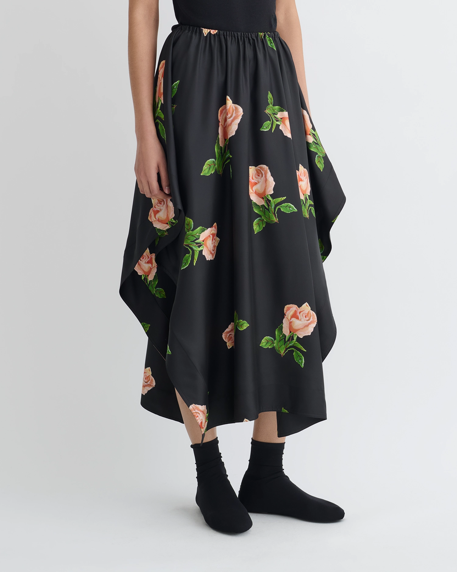 Ilariah - Printed Silk Twill Midi Skirt - Off Black/Roses Layered Hem Neat Look