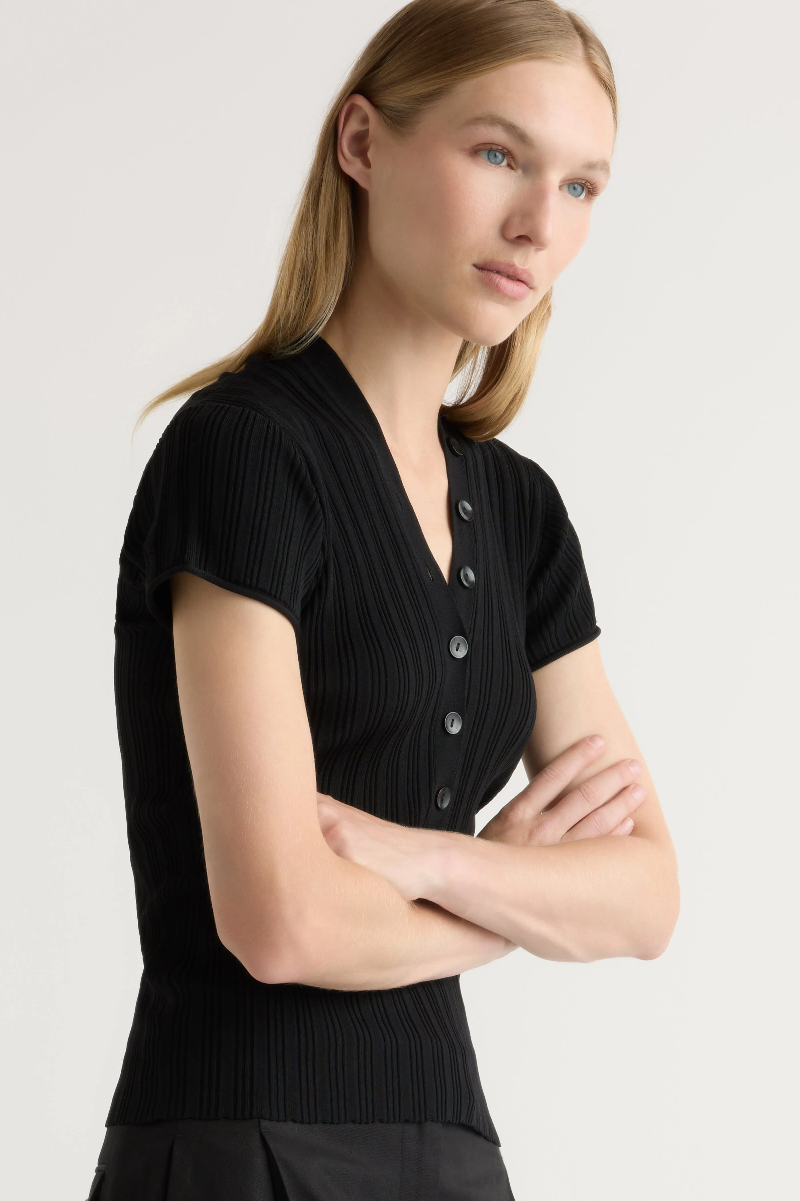 Reinforced Shoulder Design Jeni Button V-Neck Sweater Top