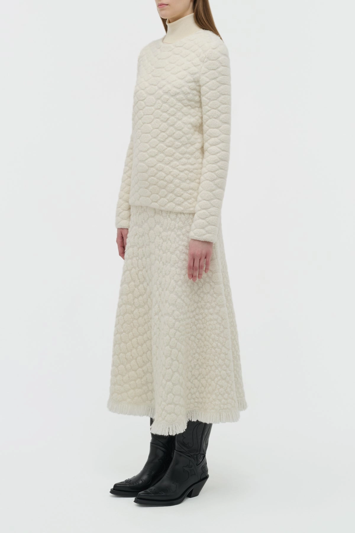 Kanta Fringe Knit Midi Skirt in Ivory Cashmere Everyday Comfort