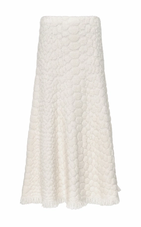 Kanta Fringe Knit Midi Skirt in Ivory Cashmere Airy Feel Elastic hem