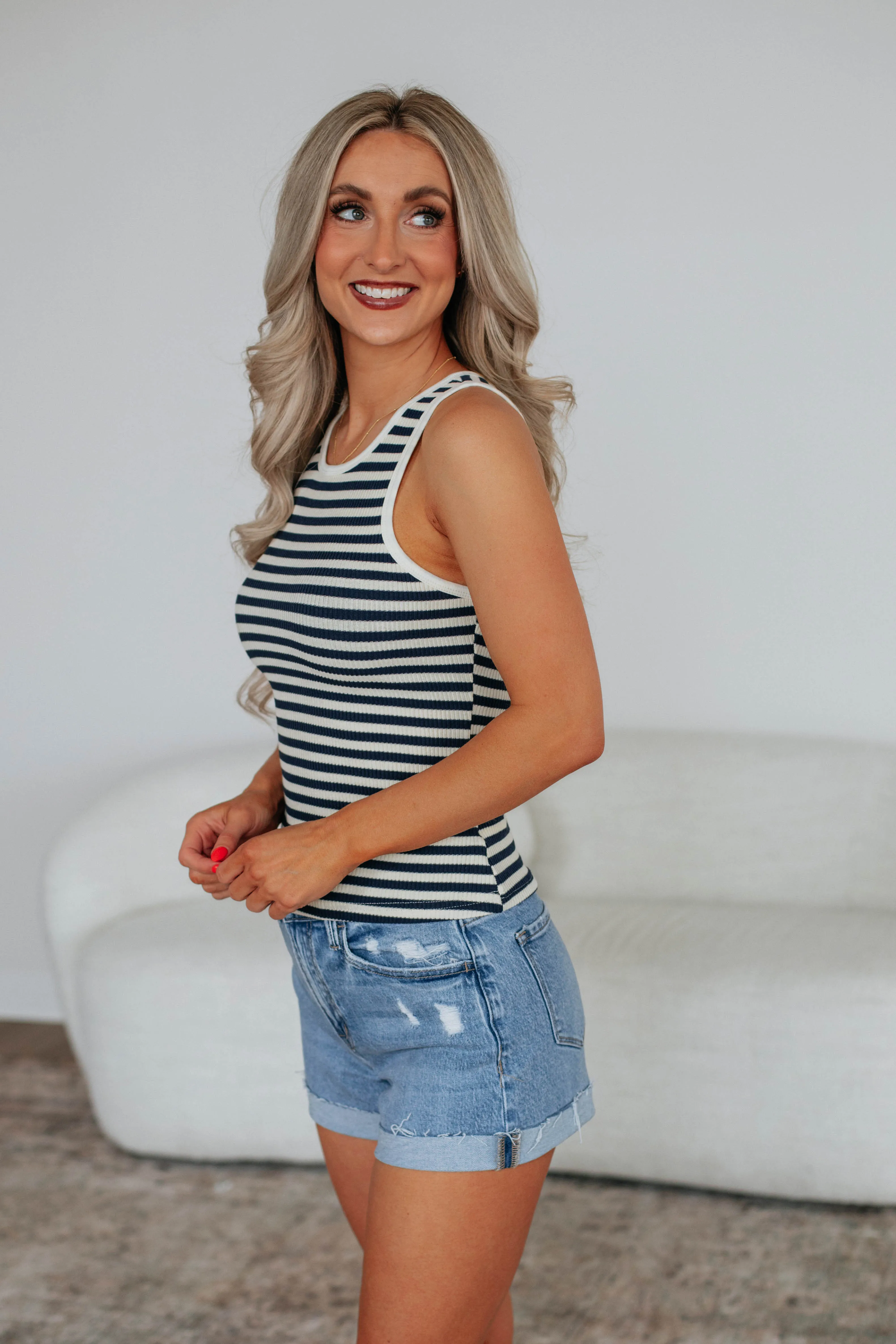 Kayce Striped Tank - Navy Mix Thermal regulation
