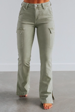 Relaxed Fit Design Durable piece Kayley Risen Cargo Jeans - Sage
