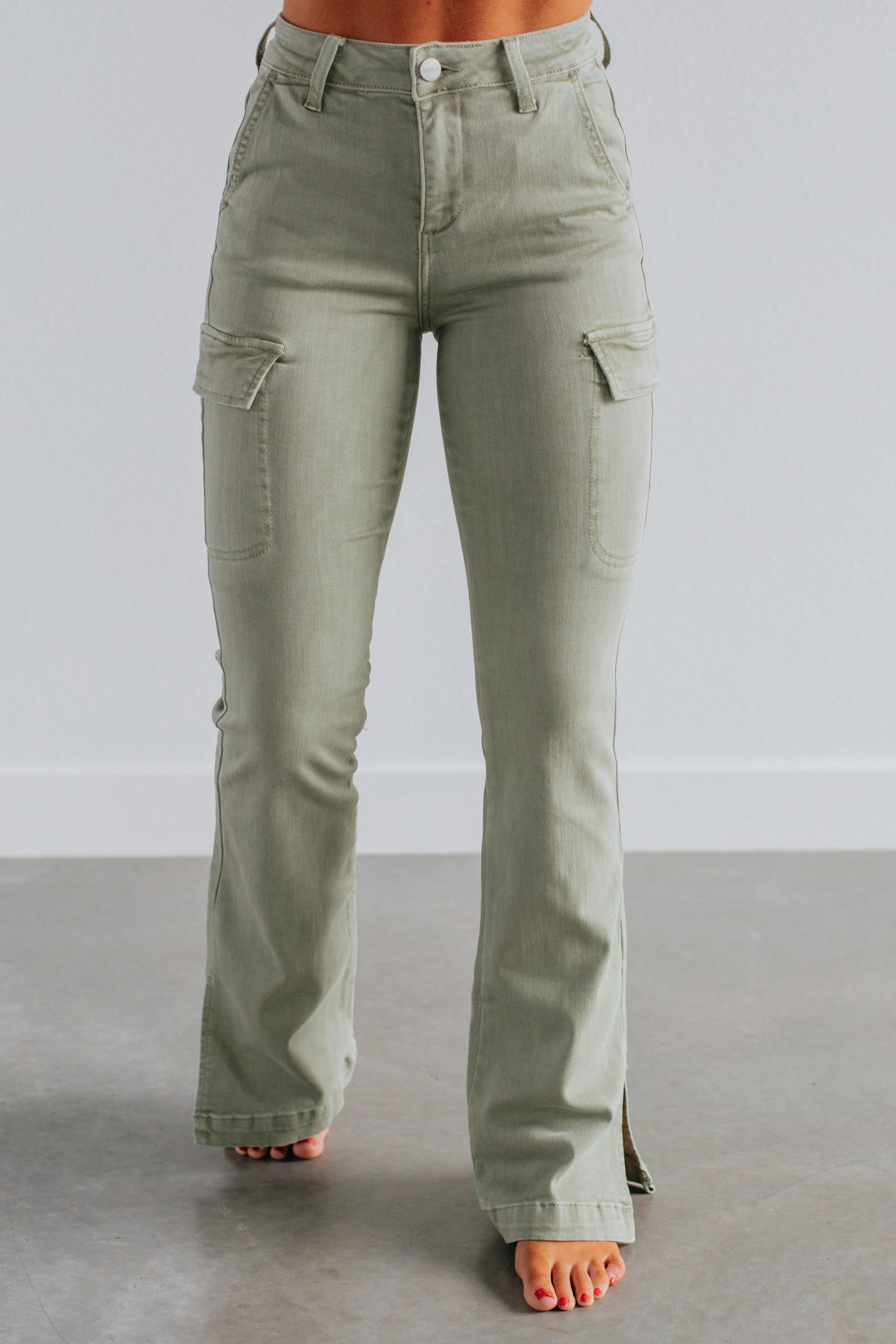 Relaxed Fit Design Durable piece Kayley Risen Cargo Jeans - Sage