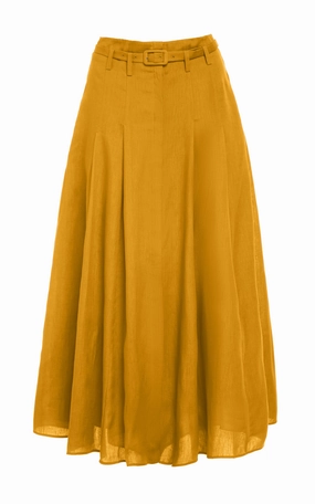 Dugald Pleated Midi Skirt in Golden Birch Aloe Linen Button Details party look