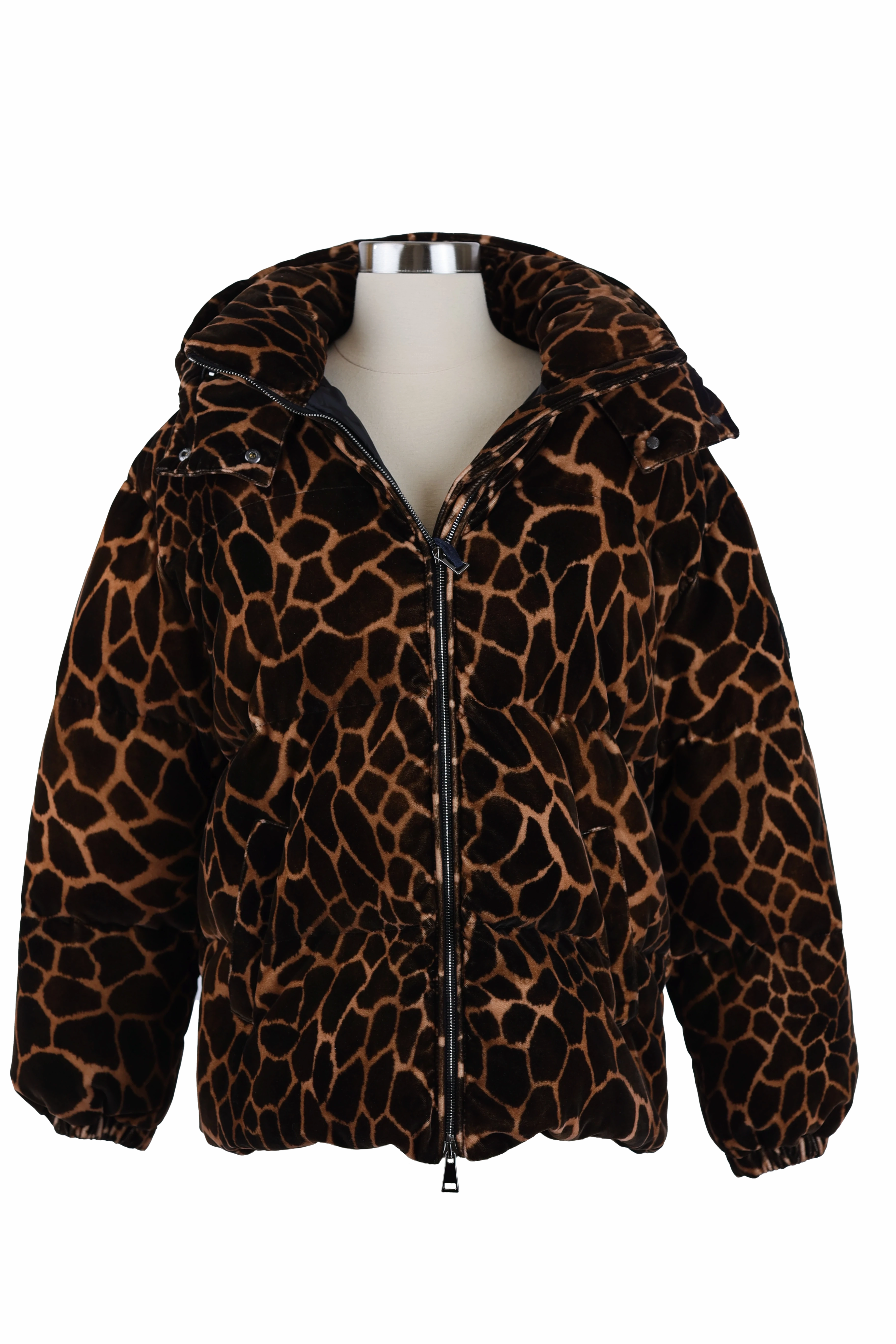 Soft Shell Material Timeless Fit Style Kundogi Giraffe Print Velvet Down Puffer Jacket