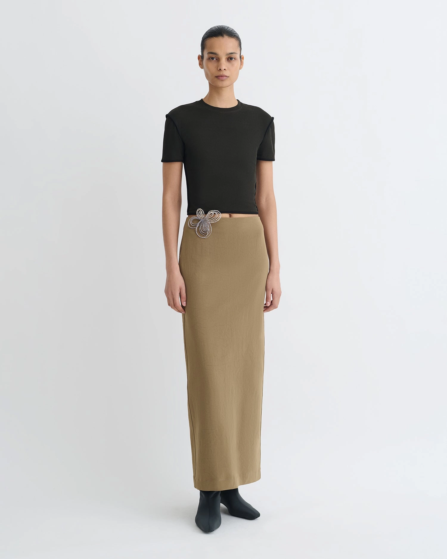 Nya - Paper Jersey Midi Skirt - Brown Relaxed Motion Laser cut
