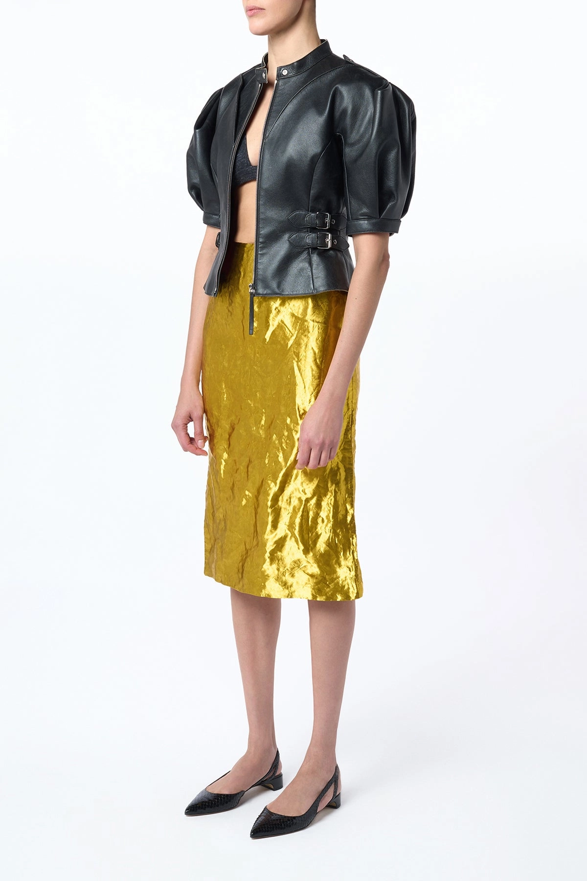 Tea length Manuela Midi Skirt in Gold Metallic Silk