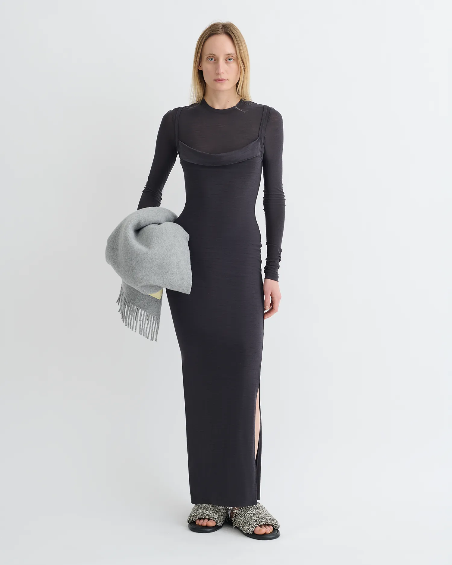 Perfectly Fit Look Linora - Draped Wool Jersey Midi Dress - Grey