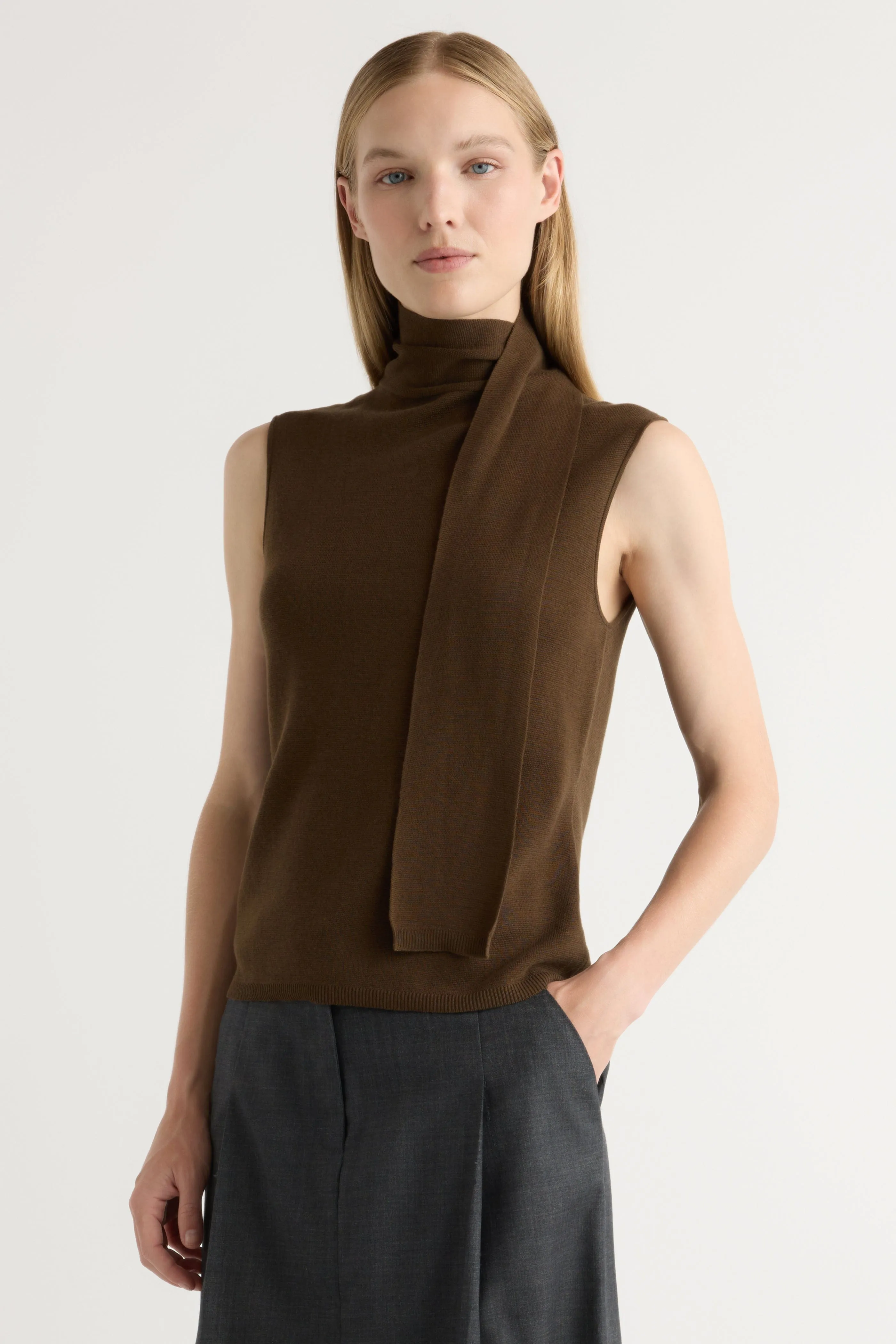 Stretch Knit Demi Scarf-Neck Cotton-Silk Knit Top
