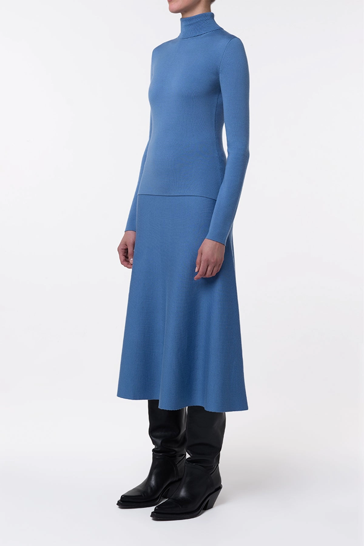 Crisscross Back Sleek Appeal Freddie Knit Midi Skirt in Sky Merino Wool Cashmere