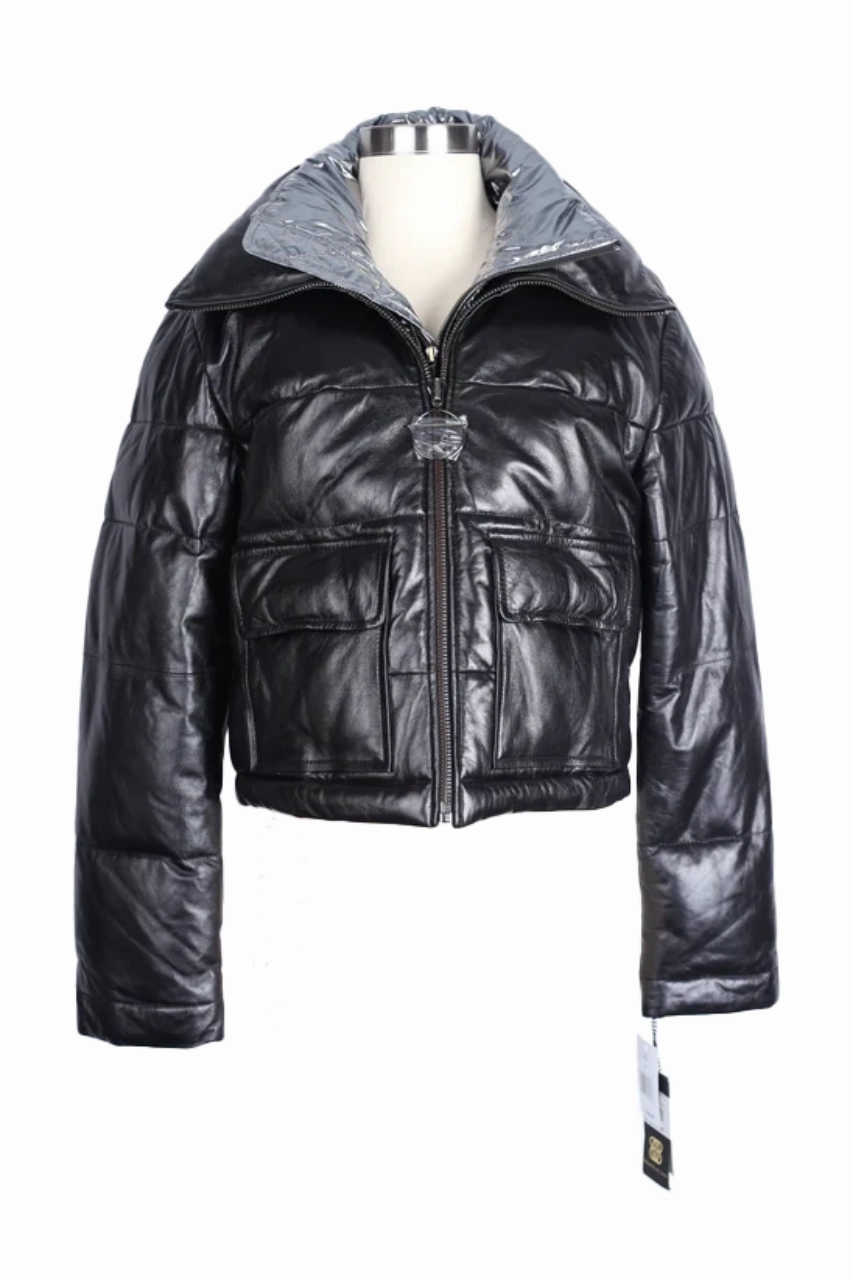 Fray Resistant Edges Leather Down Puffer Jacket W/ Removable Padded Insert