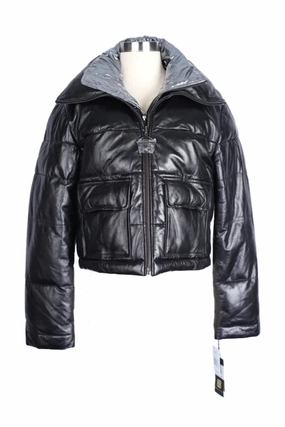 Fray Resistant Edges Leather Down Puffer Jacket W/ Removable Padded Insert
