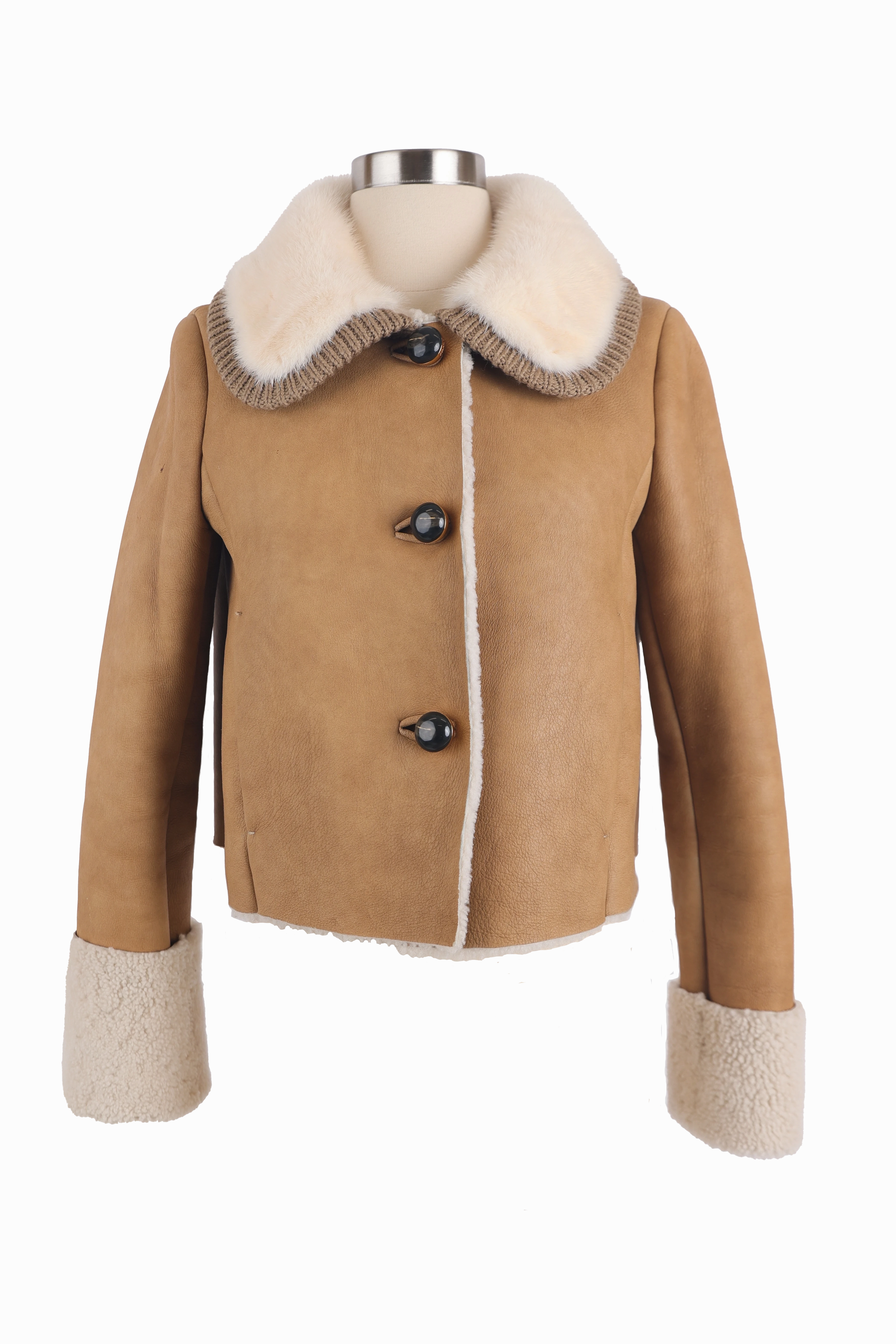 Shawl Lapel Weatherproof Zippers Leather Shearling Jacket W/ Mink Fur Collar