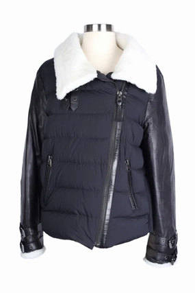 FoldableStructure Leather Sleeve Shearling Collar Down Puffer Jacket