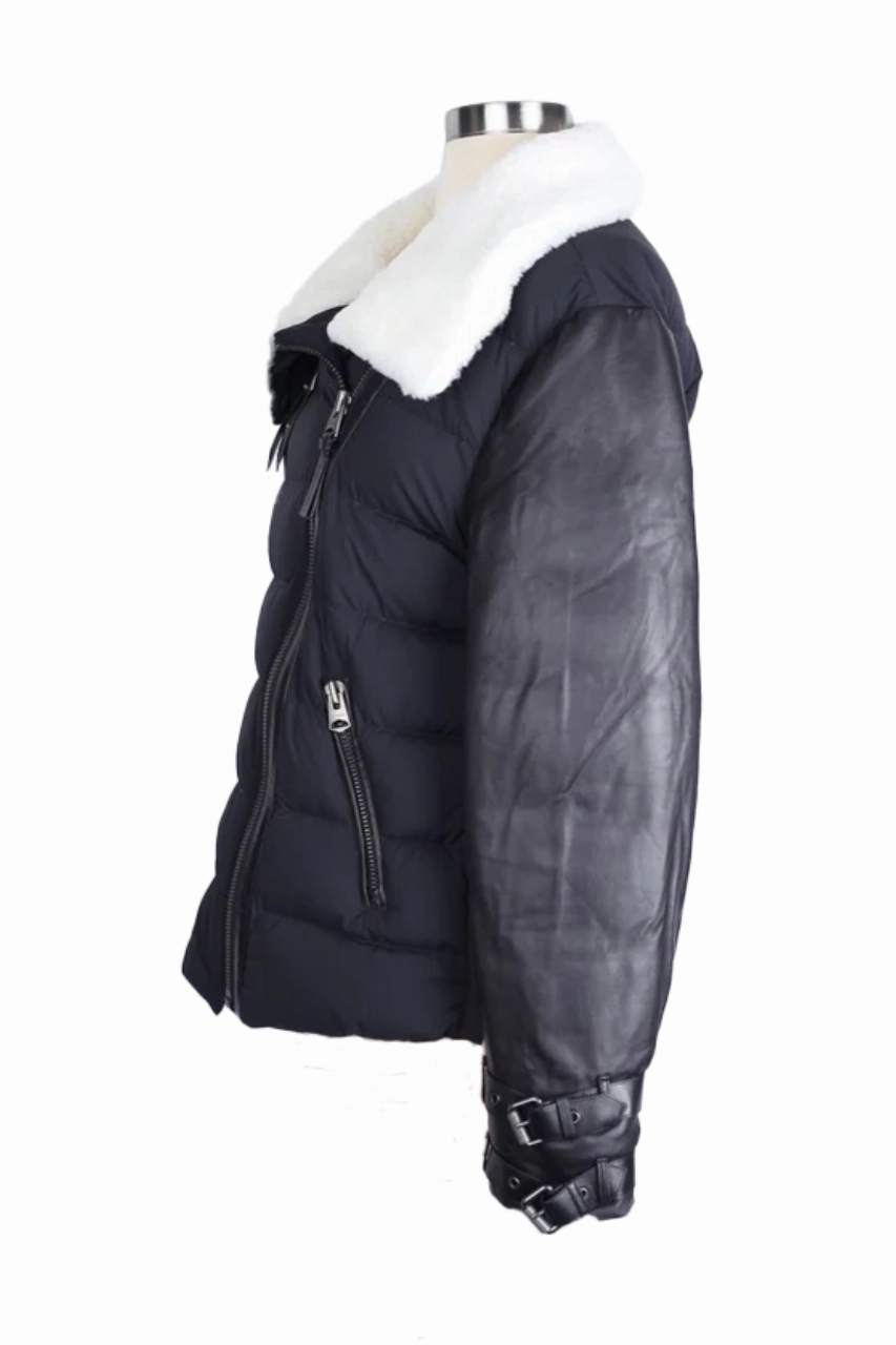 Bonded Seam Construction retro look Leather Sleeve Shearling Collar Down Puffer Jacket