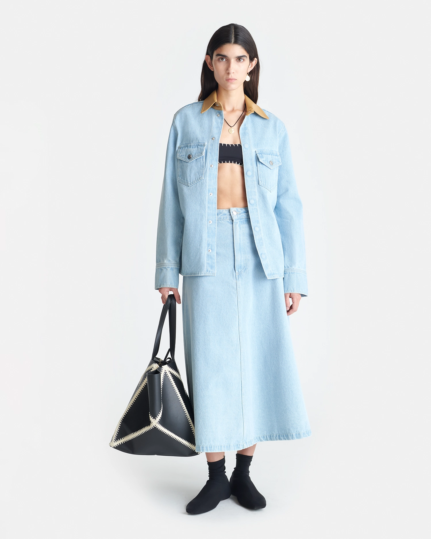 Letisa - Leather-Trimmed Denim Shirt - Eco Bleach/Hazel Exclusive Collection