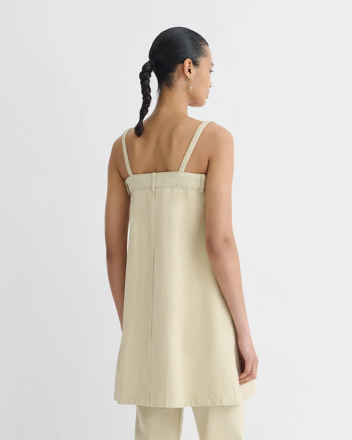 Lidwina - Denim Mini Dress - Beige Embroidered-Sleeve Minimalist-Style