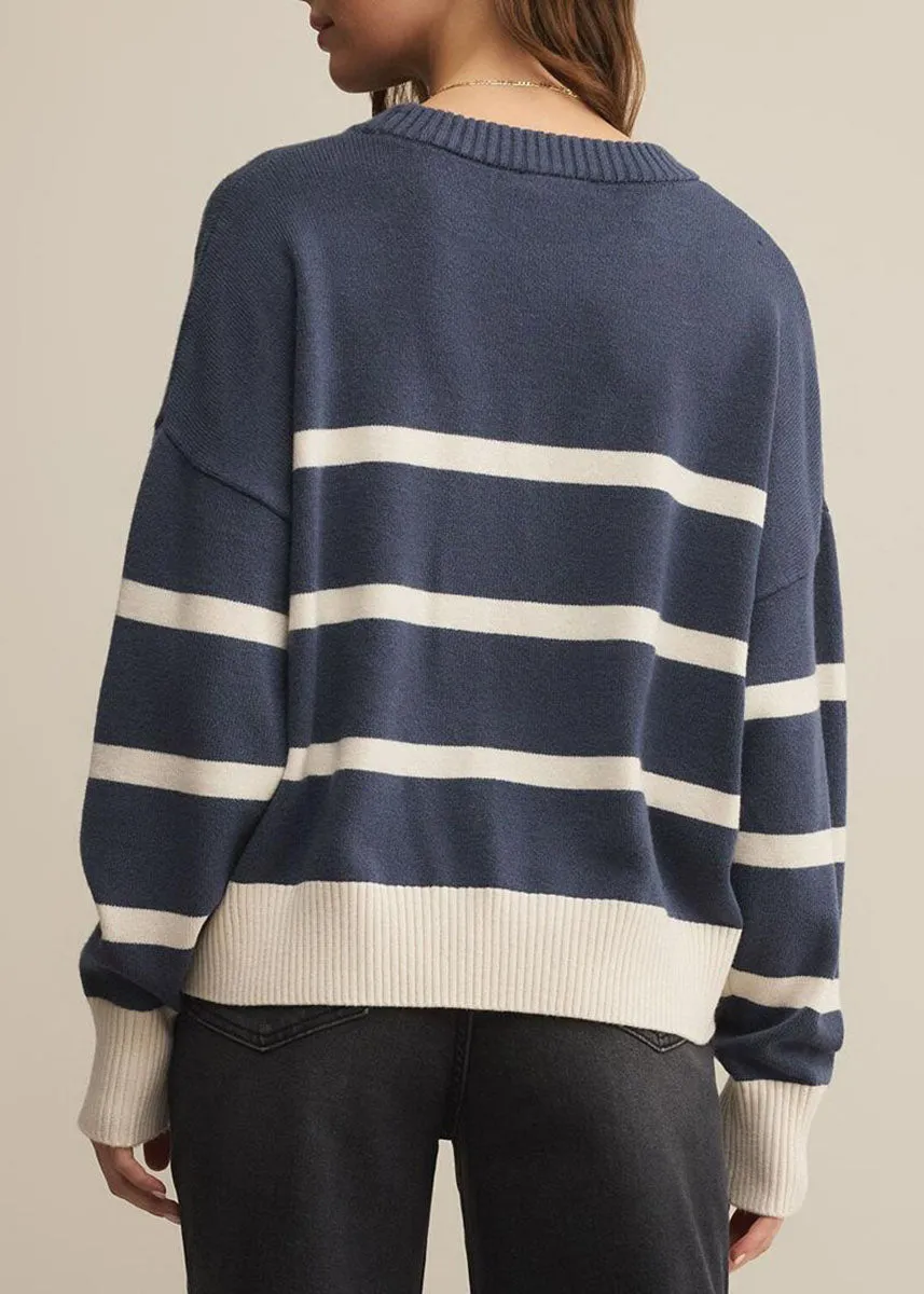 Jordane Striped Sweater - Storm Cloud Heather Lattice Stitch Pattern Odor Resistant Knitwear