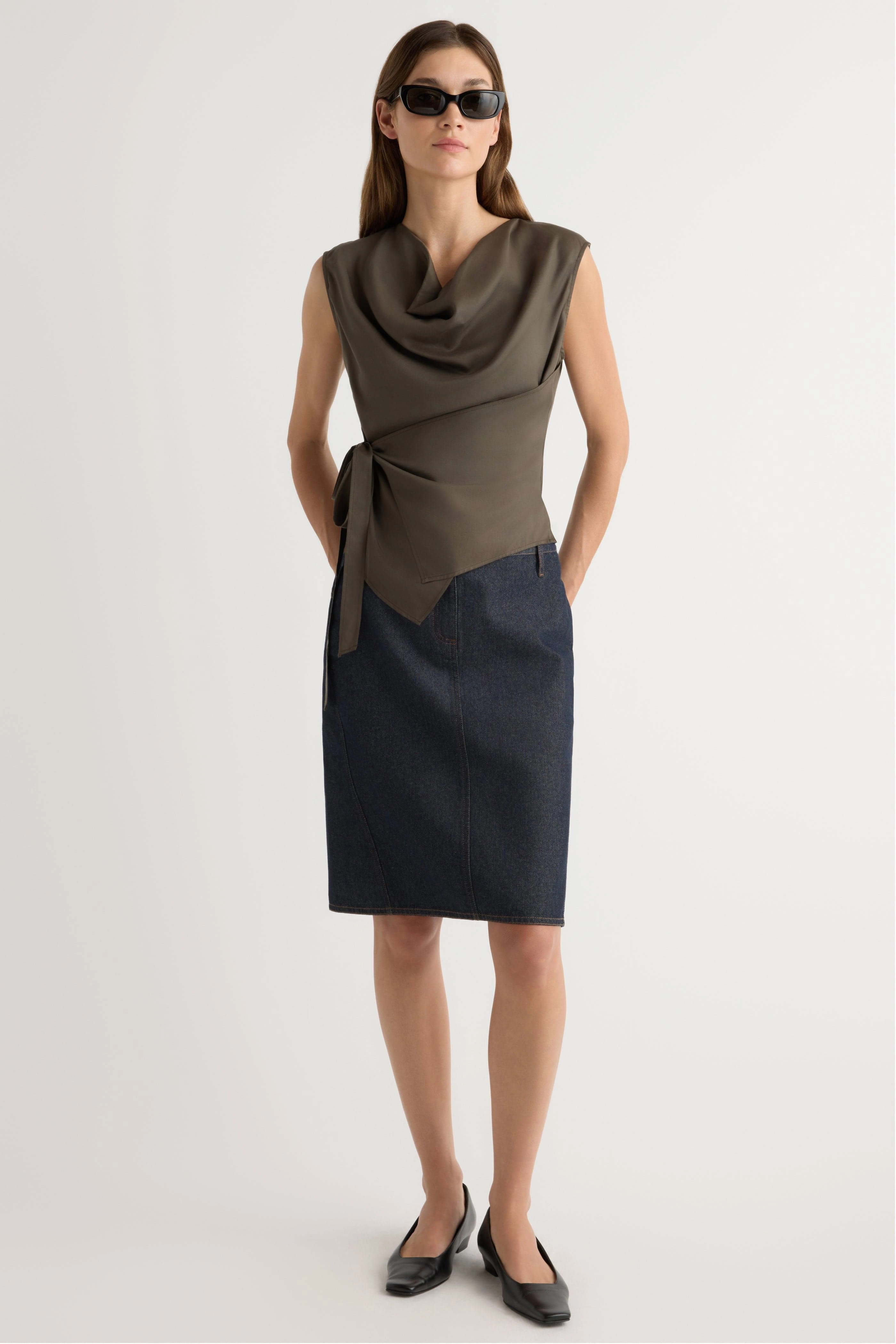 Johanna Knee-Length Denim Skirt Side Pockets Cozy Edge