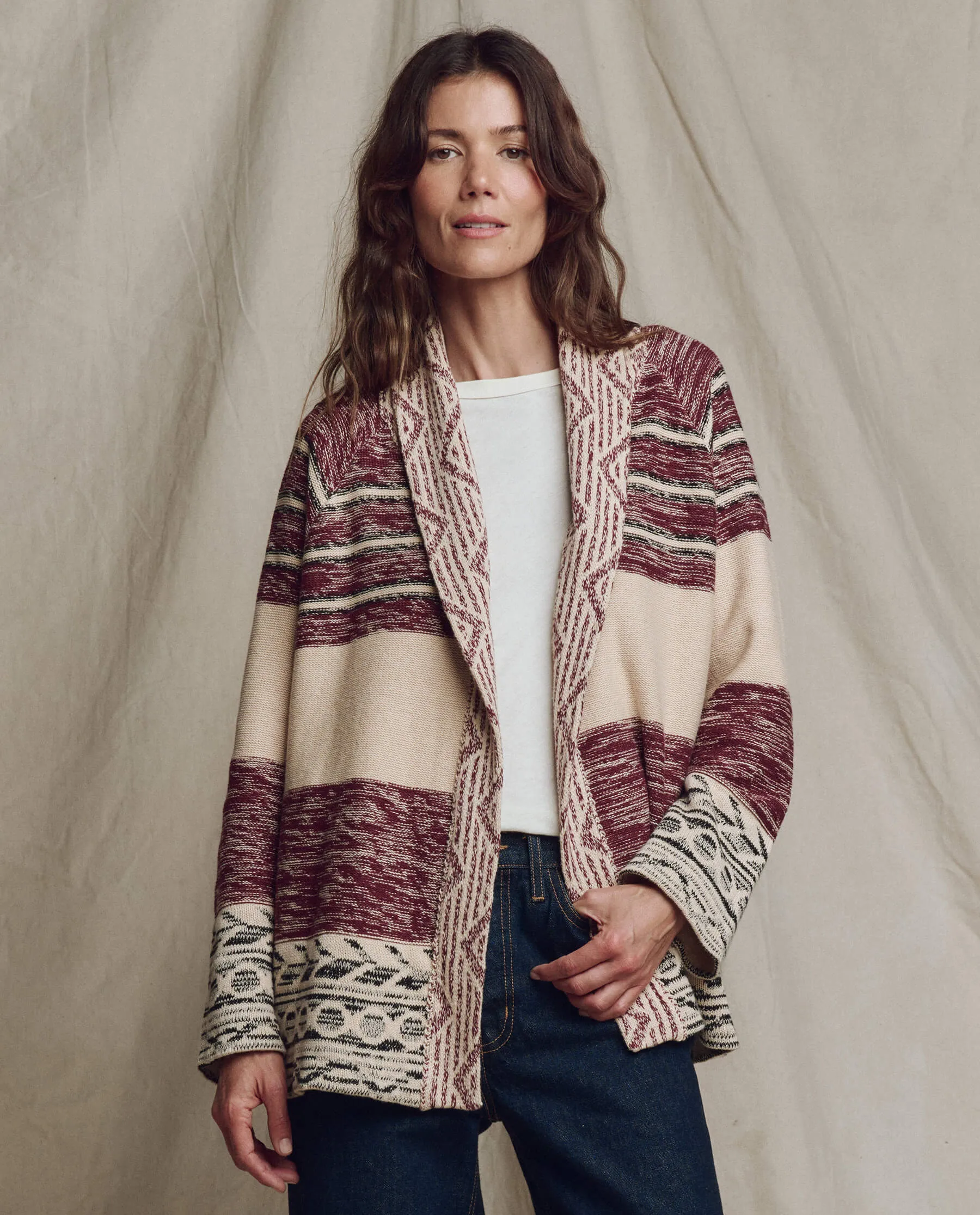 The Riding Cardigan. -- Rusted Red Multi Snuggly Pieces Eco Certified Fabrications