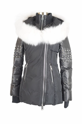 QuiltedPattern Bold Statement Fur Hood Down Filled Parka Coat w/ Spikes