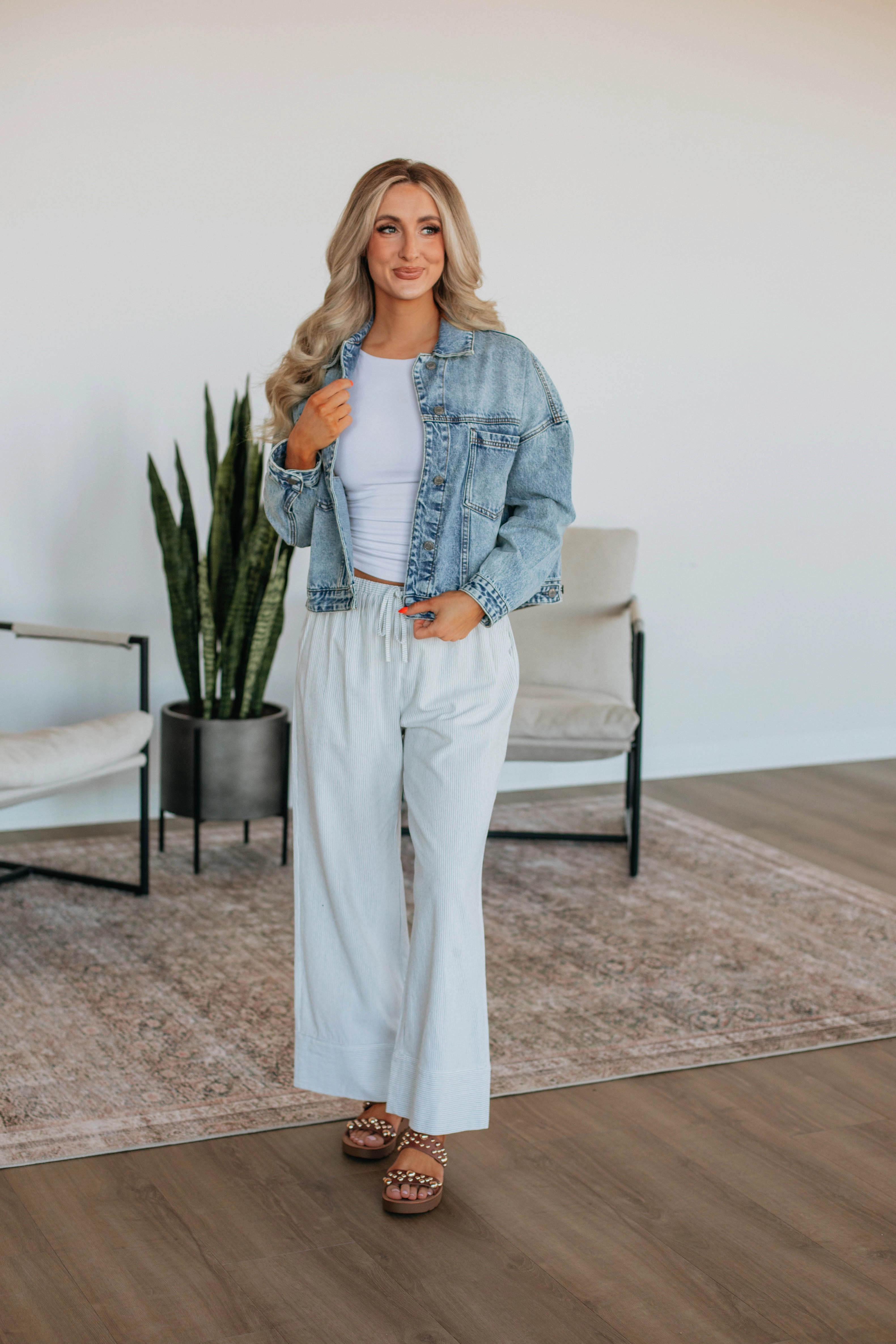 Laser Cut Edges Thermal Regulating Fabric Luvan Striped Pants - Ivory Mix