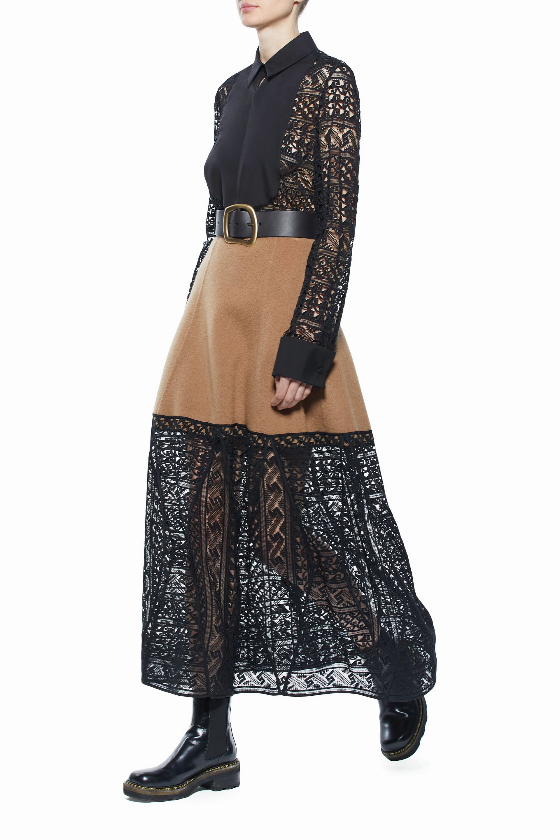 Timeless Piece Sheer Overlay Sorvino Lace Midi Skirt in Camel Double-Face Recycled Cashmere