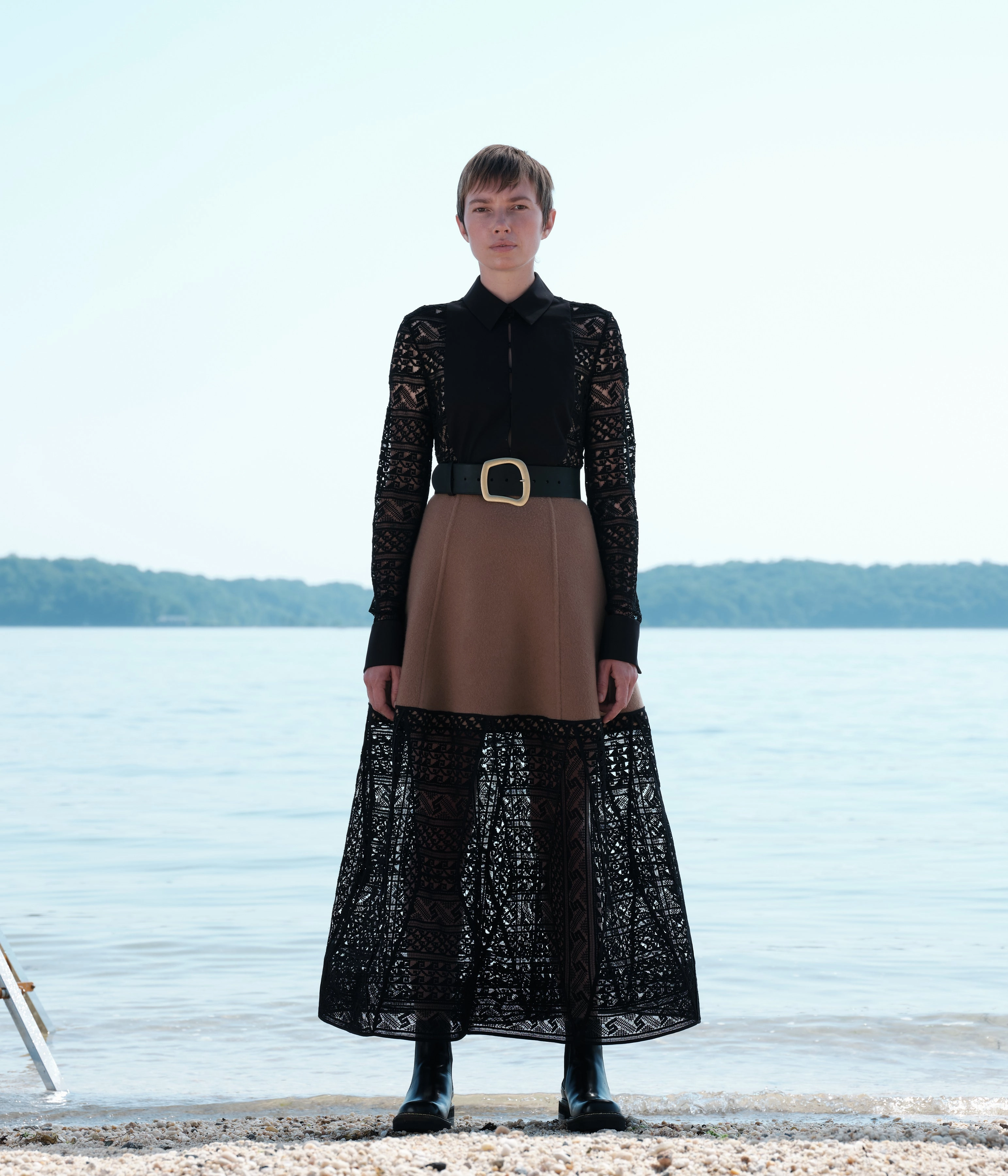 Non Irritating Edges Smooth Finish Sorvino Lace Midi Skirt in Camel Double-Face Recycled Cashmere