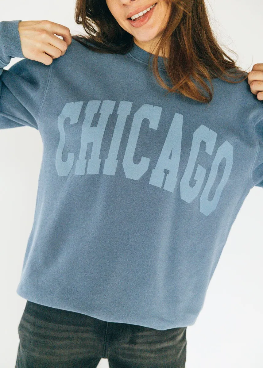 Bias Cut Hem Details Chicago Collegiate Puff Sweatshirt - Slate Blue