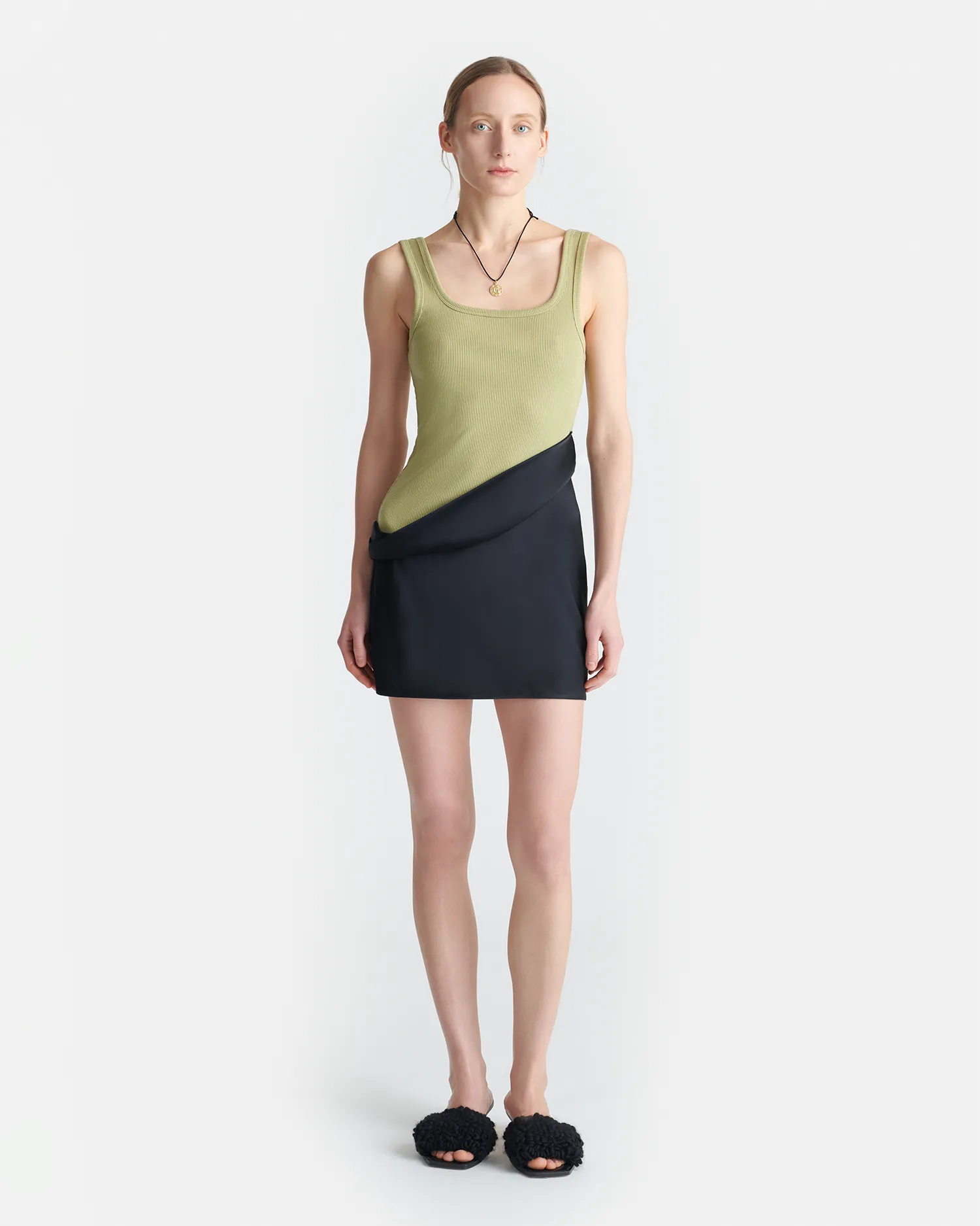 Daily Movement Soft Profile Marijn - Ribbed Jersey and Slip Satin Dress - Black/Olive Green