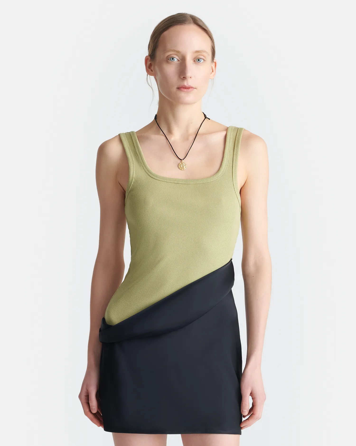 Marijn - Ribbed Jersey and Slip Satin Dress - Black/Olive Green ContrastStitching Feminine Touch