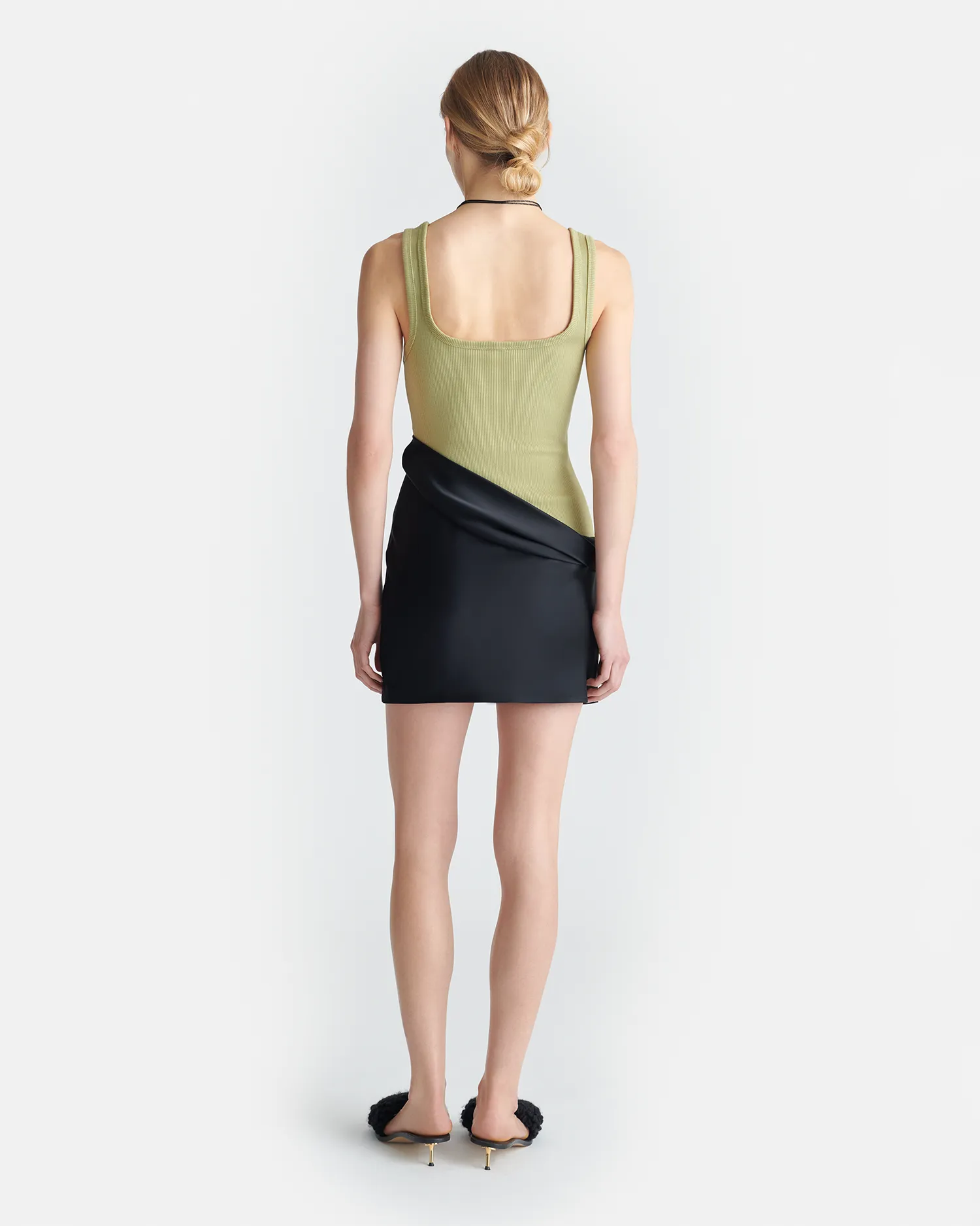 Marijn - Ribbed Jersey and Slip Satin Dress - Black/Olive Green Soft Presence