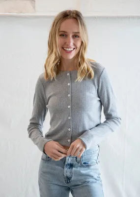 Flexible Ribbed Trim Matilda Pointelle Cardigan - Heather Grey