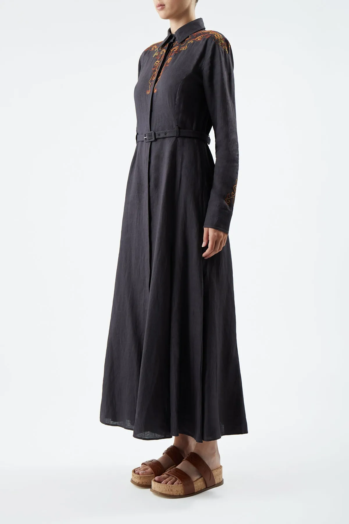 Contrast-Piping Mcgraw Embroidered Shirtdress in Charcoal Aloe Linen