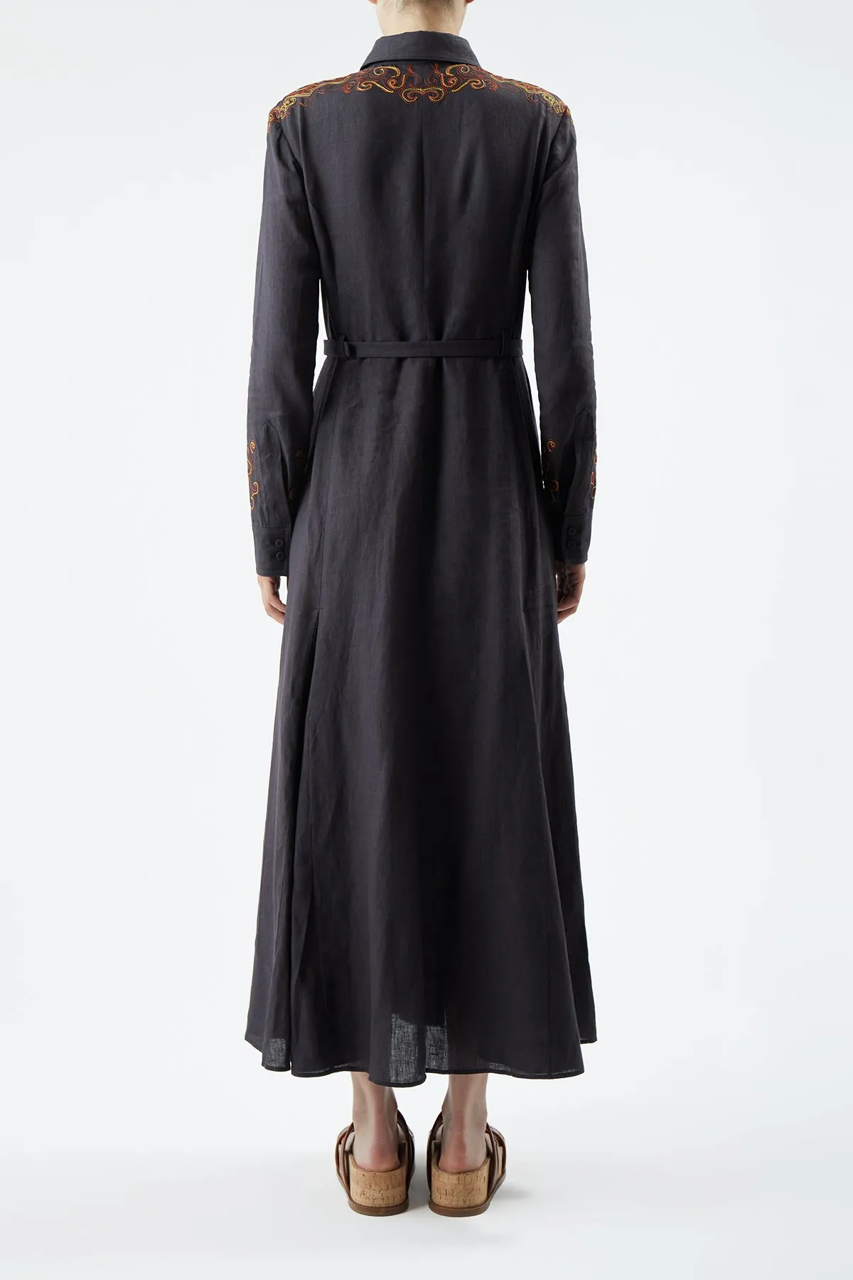 Evening Classic Mcgraw Embroidered Shirtdress in Charcoal Aloe Linen