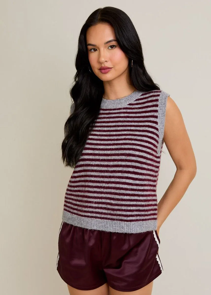 Stretchy Layers Cozy Fabric Melie Stripe Sweater Vest - Heather Grey & Wine