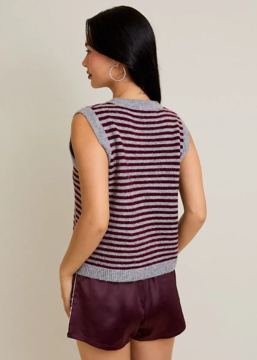 Melie Stripe Sweater Vest - Heather Grey & Wine Ultimate Layer Flexible Neck Opening