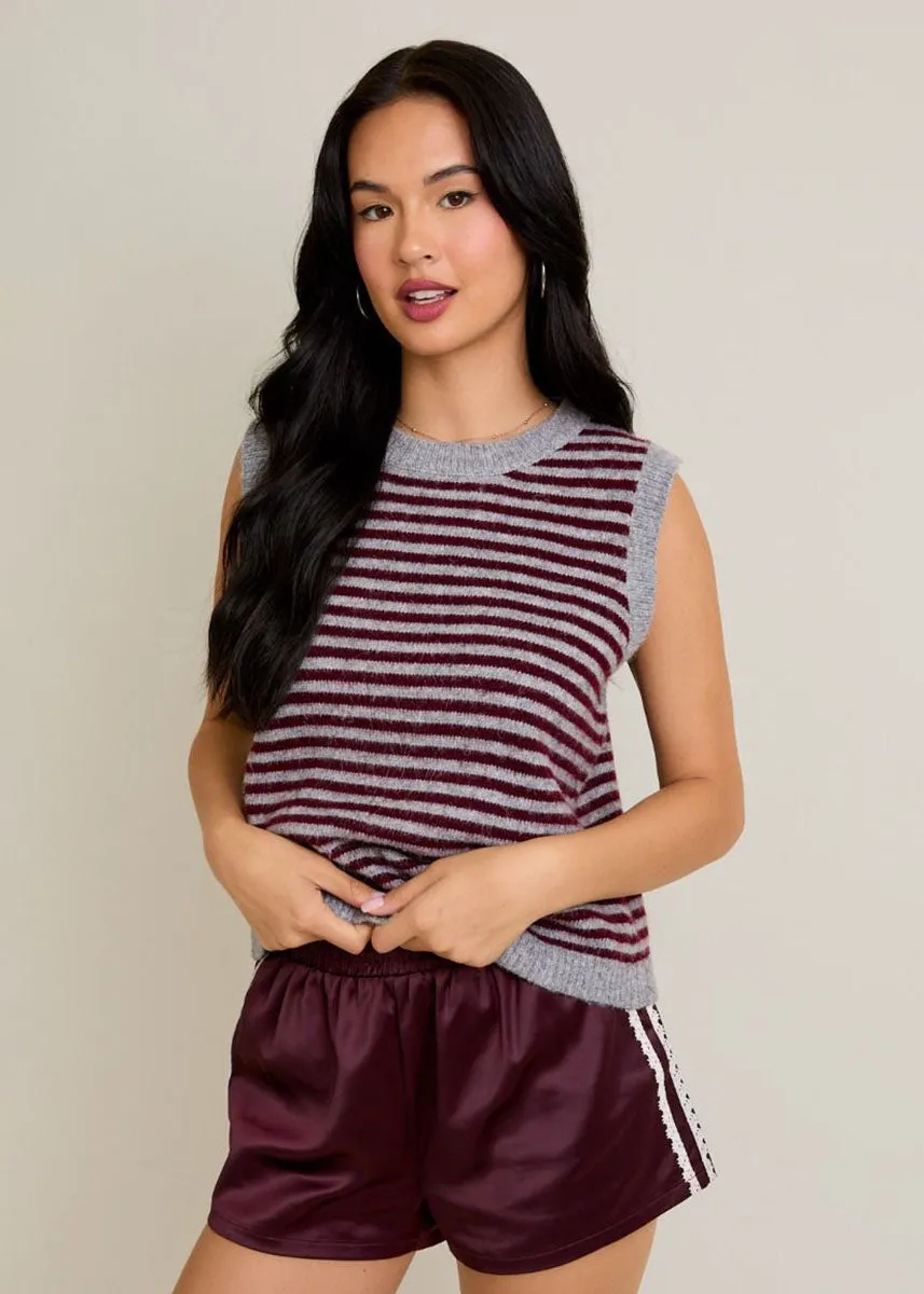 Melie Stripe Sweater Vest - Heather Grey & Wine Reinforced Edging Cable Stitch